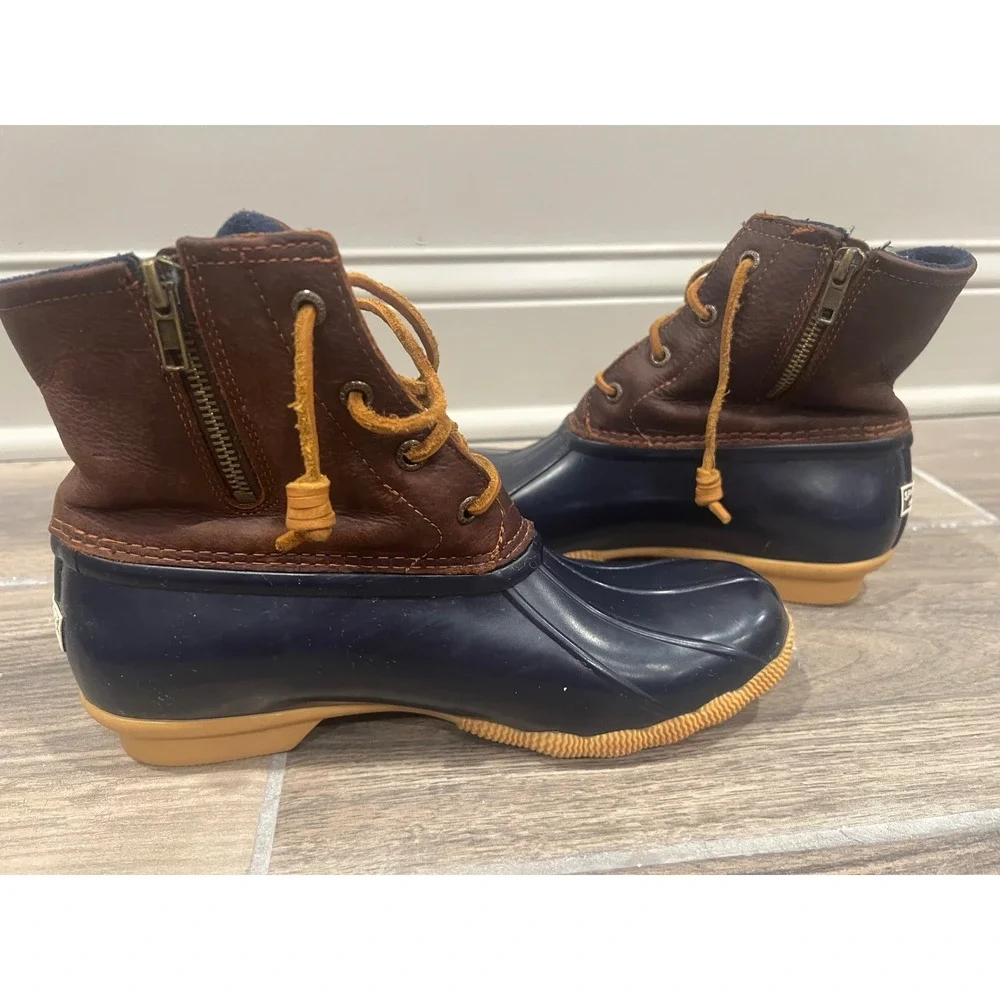 Sperry Saltwater Duck Boots Womens Navy Brown Leather Waterproof Sz 8.5